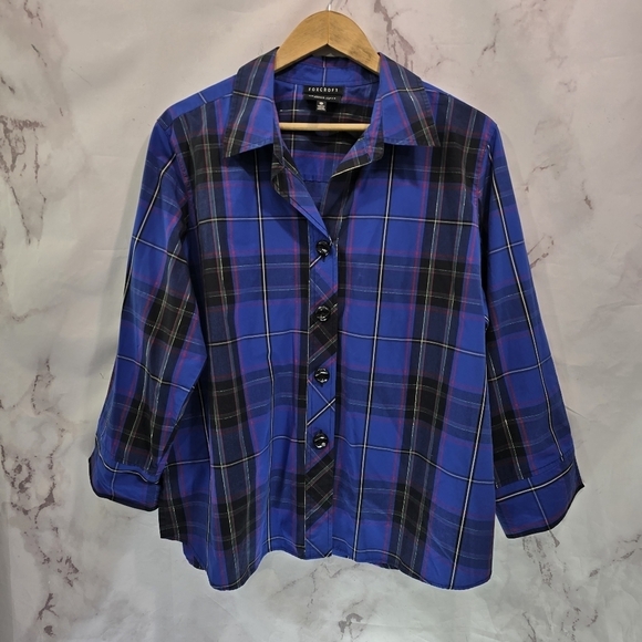 Foxcroft Shirt Women 18W Blue Black Gold Scotch Button Wrinkle Free Shaped Cuff - Picture 12 of 13